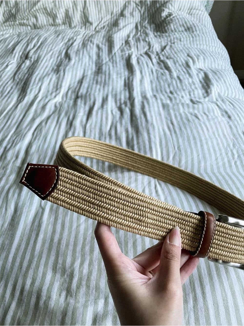 Men’s Brighton Palmer Woven Stretch Leather Belt Size 40 Cream Cognac